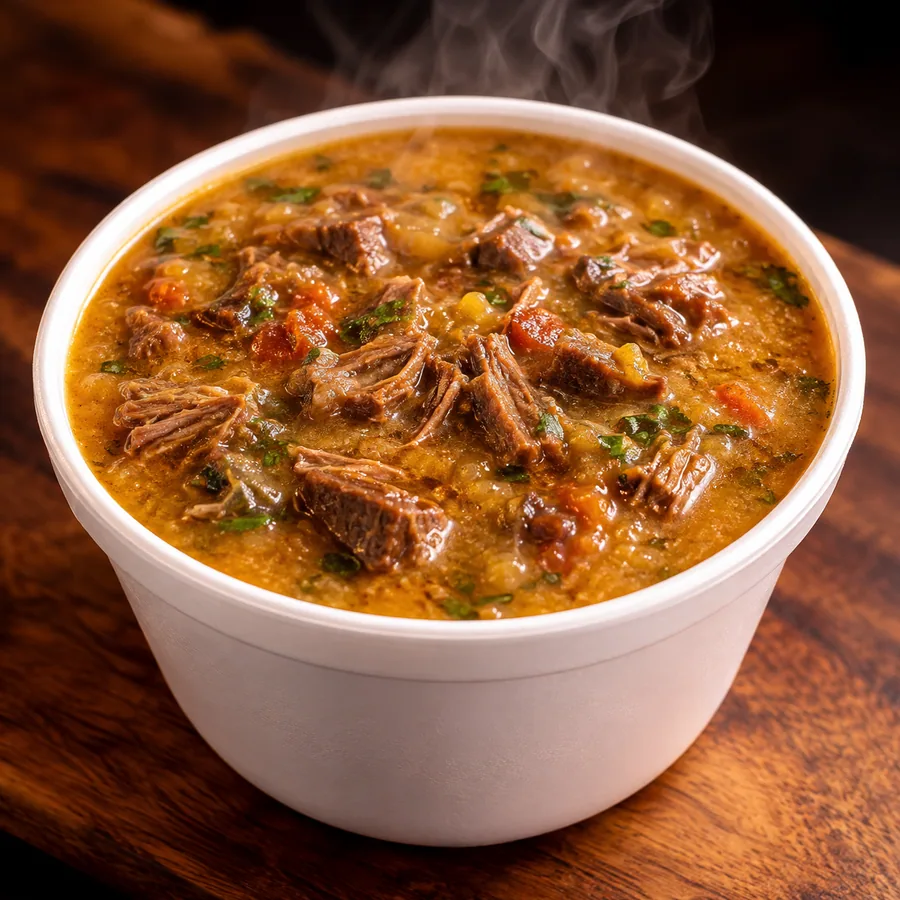Caldo de biomassa de banana verde com carne