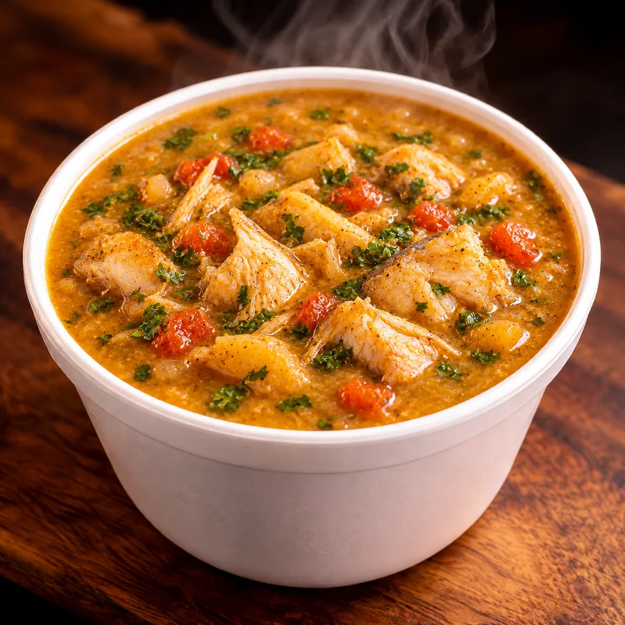 Caldo de biomassa de banana verde com peixe